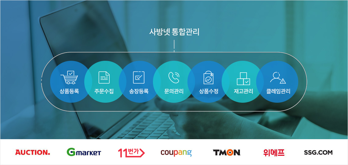 사방넷 통합관리: 상품등록, 주문수집, 송장등록, 문의관리, 상품수정, 재고관리, 클레임관리 - 연동 쇼핑몰: AUCTION, Gmarket, 11번가, coupang, TMON, 위메프, SSG.COM 등